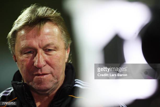 Coach Horst Hrubesch of Germany looks on prior to the U19 international friendly match between Germany and England at the Waldstadium on November 14,...