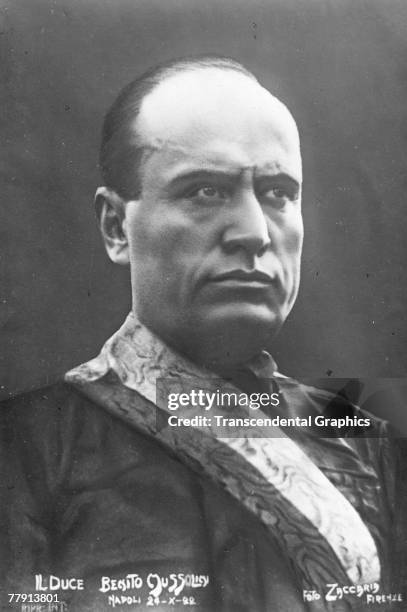 Portrait of Italian facist dictator Benito Mussolini , Naples, Italy, October 24, 1922. The image is a postcard, by the Florence-based Foto Zaccaria,...