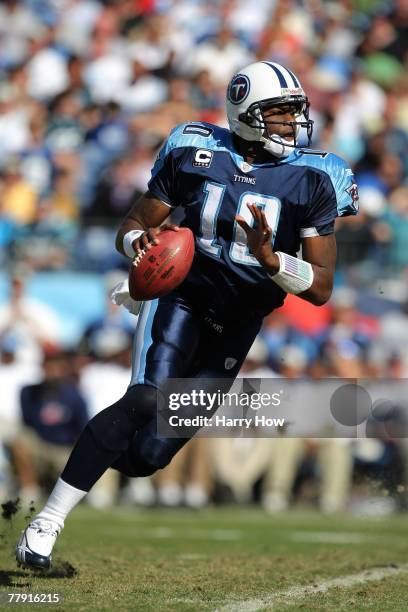 Vince Young of the Tennessee Titans moves to pass the ball during the game against the Carolina Panthers at LP Field on November 4, 2007 in...