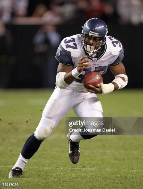 Shaun Alexander of the Seattle Seahawks carries the ball during the game against the Cleveland Browns on November 4, 2007 at Cleveland Browns Stadium...