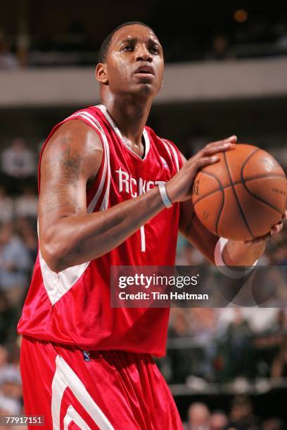 Tracy McGrady of the Houston Rockets shoots a free throw during the game against the Dallas Mavericks on November 5, 2007 at American Airlines Center...