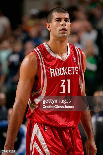 Shane Battier of the Houston Rockets walks across the court during the game against the Dallas Mavericks on November 5, 2007 at American Airlines...