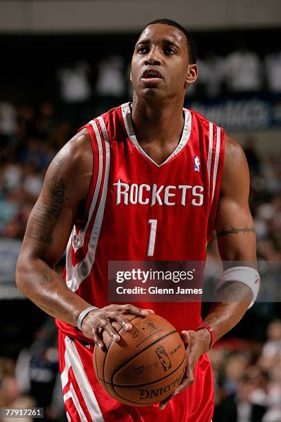 Tracy McGrady of the Houston Rockets shoots a free throw during the game against the Dallas Mavericks on November 5, 2007 at American Airlines Center...