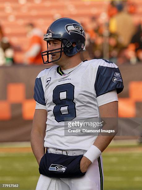 Quarterback Matt Hasselbeck of the Seattle Seahawks warms up prior to a game with the Cleveland Browns on November 4, 2007 at Cleveland Browns...