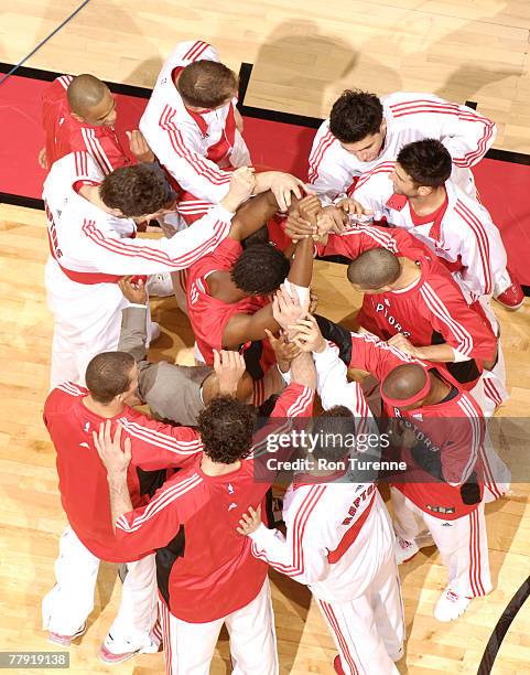 Players of the Toronto Raptors get pumped before a game against the Utah Jazz on November 14, 2007 at the Air Canada Centre in Toronto, Canada. NOTE...