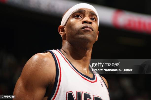 Vince Carter of the New Jersey Nets looks on during a game against the Chicago Bulls at the IZOD CENTER on October 31, 2007 in East Rutherford, New...