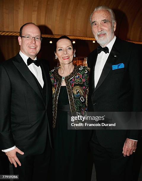 Prince Albert of Monaco ,Christopher Lee and his wife Gitte attend the Montblanc VIP Charity Gala Cocktail held at the Monte Carlo Sporting Club on...