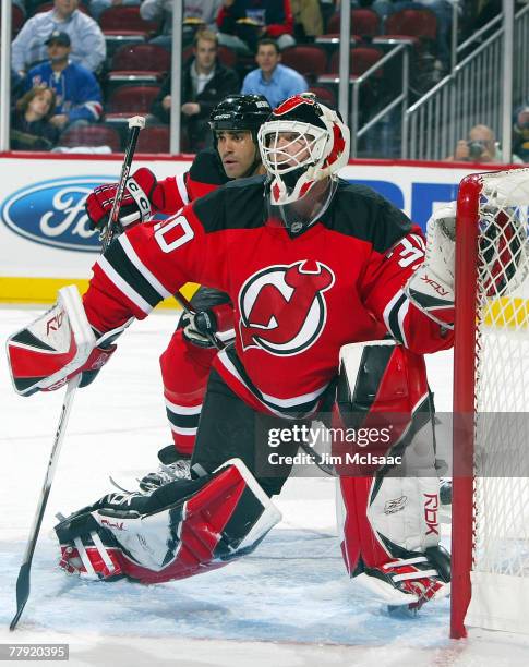 Martin Brodeur of the New Jersey Devils defends his net against of the New York Rangers at the Prudential Center November 14, 2007 in Newark, New...