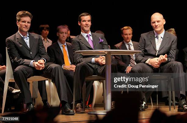 David Zabriskie of the USA, David Millar of the UK and Magnus Backstedt of Sweden and their new teammates entertain questions from the audience as...