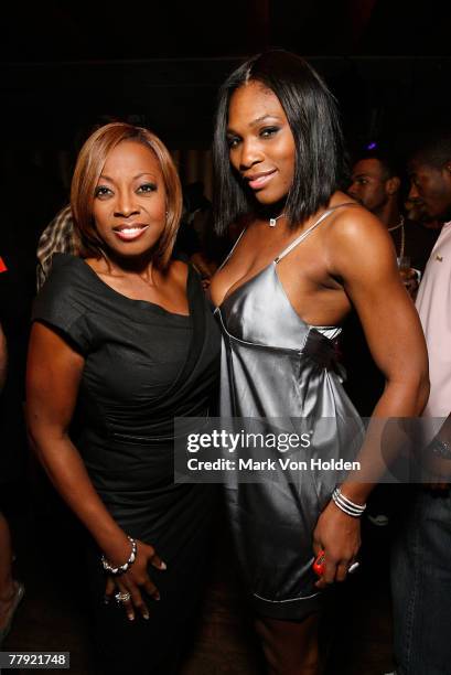 Star Jones and Serena Williams pose at the launch party of Venus Williams new clothing line EleVenon November 14 , 2007 at Tenjune in New York.