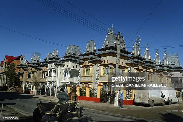 Man rides a horse-driven cart in front of Roma gypsy houses in the village of Buzescu, 110 kms west of Bucharest, 13 November 2007. Unlike other...