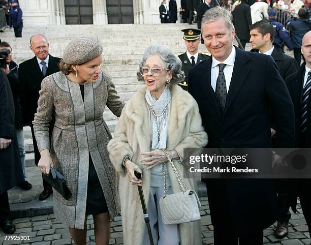 Princess Mathilde and Queen Fabiola and Prince Philippe of Belgium leave the Cathedrale St. G?dule after attending the Te Deum , on Kings Day on...