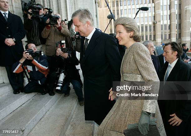 Prince Philippe and Princess Mathilde of Belgium arrive at the Cathedrale St. G?dule to attend the Te Deum , on Kings Day on November 15, 2007 in...