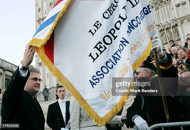 Princess Claire and Prince Lorent of Belgium greet the crowd near the Cathedrale St. G?dule after attending the Te Deum , on Kings Day on November...