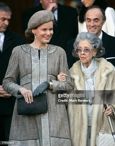 Princess Mathilde and Queen Fabiola leave the Cathedrale St. G?dule after attending the Te Deum , on Kings Day on November 15, 2007 in Brussels,...