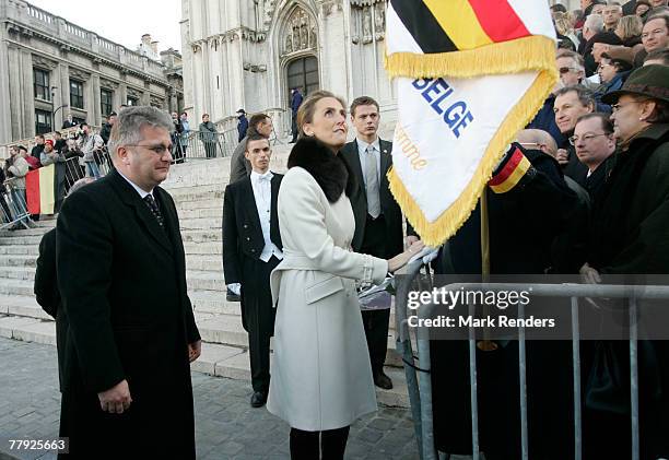 Princess Claire and Prince Lorent of Belgium greet the crowd near the Cathedrale St. G?dule after attending the Te Deum , on Kings Day on November...