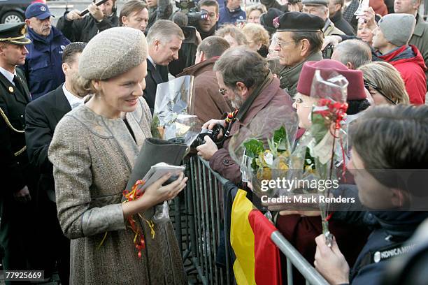 Princess Mathilde of Belgium greets the crowd near the Cathedrale St. G?dule after attending the Te Deum , on Kings Day on November 15, 2007 in...