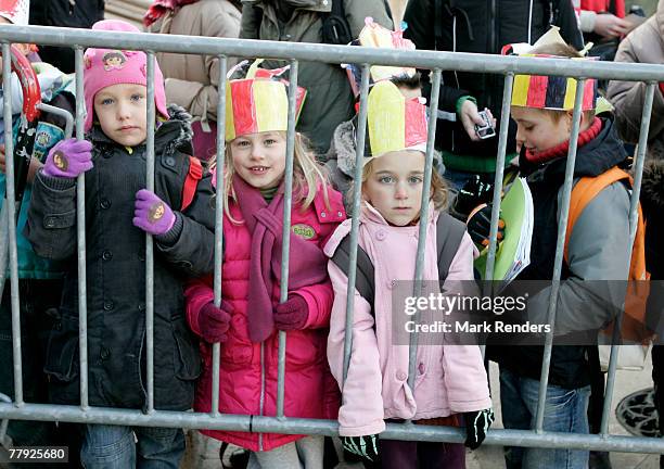 Children wearing Belgian Hats wait for the Royalties in front of St G?dule Cathedral before the Te Deum , on Kings Day on November 15, 2007 in...