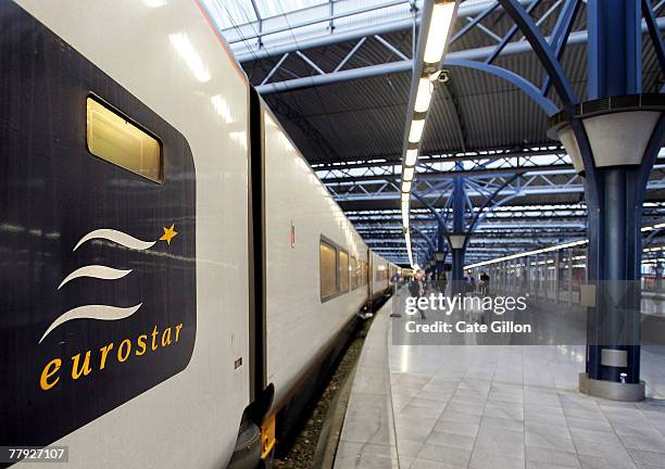 The Eurostar train to London sits on the platform in Brussels Midi station on November 14, 2007 in Brussels, Belgium.