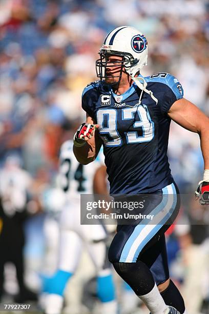 Defensive end Kyle Vanden Bosch of the Tennessee Titans runs down field in a game against the Carolina Panthers at LP Field on November 4, 2007 in...