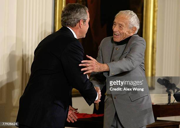 Painter Andrew Wyeth greets U.S. President George W. Bush during the presentation ceremony of 2007 National Medals of Arts and National Humanities...