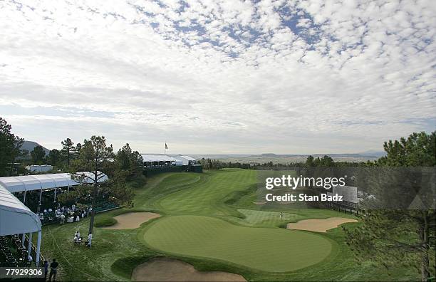 Course scenic of the 18th green at sunrise during the fourth and final round of The INTERNATIONAL held at Castle Pines Golf Club in Castle Rock,...