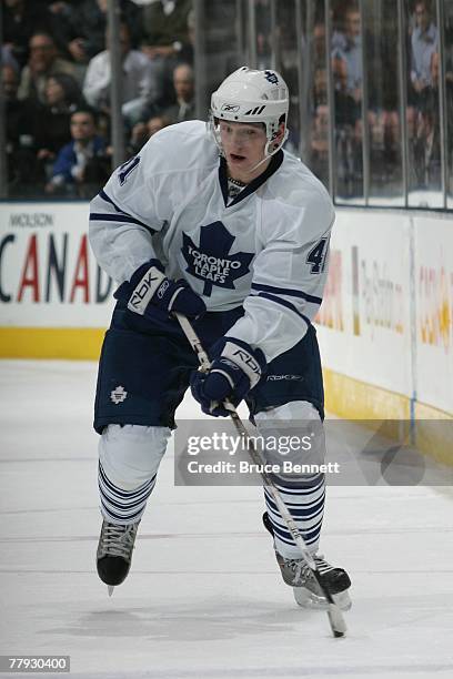 Jiri Tlusty of the Toronto Maple Leafs skates with the puck against the Montreal Canadiens on November 13, 2007 at the Air Canada Centre in Toronto,...