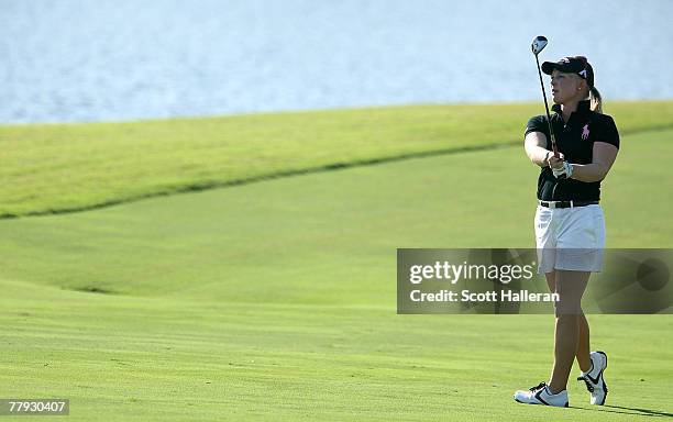 Morgan Pressel watches a shot to the 18th green during the first round of the 2007 ADT Championship at the Trump International Golf Club on November...