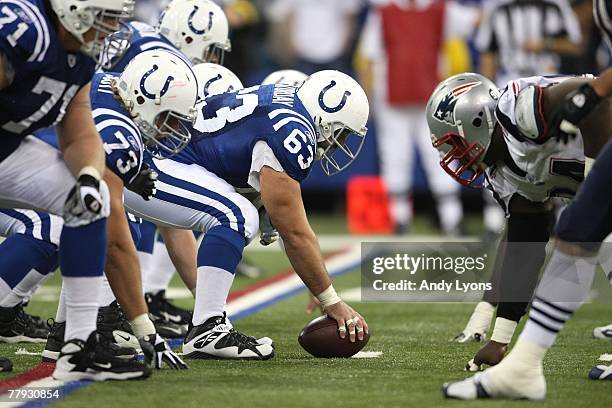 Offensive center Jeff Saturday of the Indianapolis Colts readies the ball for the snap against the New England Patriots on November 4, 2007 at the...