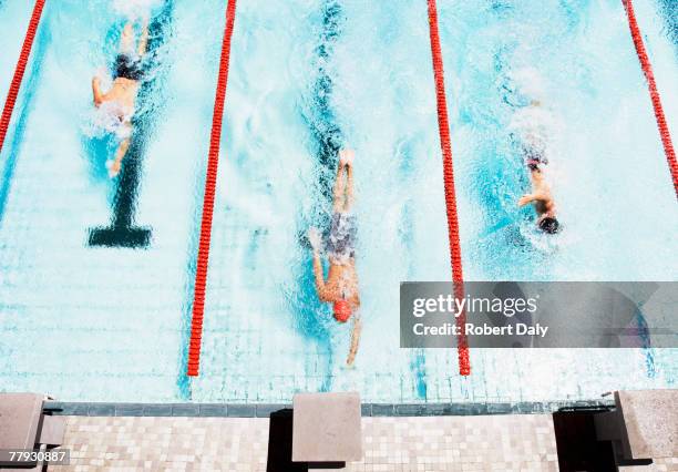 trois les nageurs en venant de rebord de piscine - swim photos et images de collection