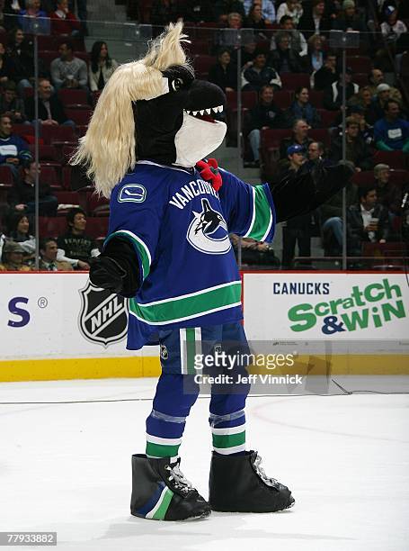 Vancouver Canucks mascot Fin shows off his mullet haircut to the crowd during their game against the Colorado Avalanche at General Motors Place on...