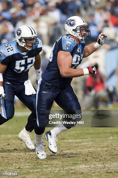 Kyle Vanden Bosch of the Tennessee Titans rushes the quarterback against the Jacksonville Jaguars at LP Field on November 11, 2007 in Nashville,...