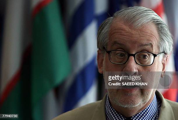 United Nations rights investigator Paulo Sergio Pinheiro speaks at a brief press conference after a meeting with Thai Foreign Minister Nitya...