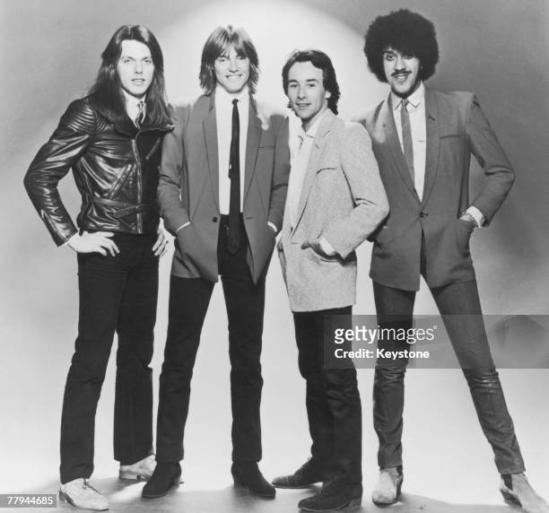 Hard rock band Thin Lizzy, circa 1980. Left to right: guitarists Scott Gorham and Snowy White, drummer Brian Downey and singer/bassist Phil Lynott .