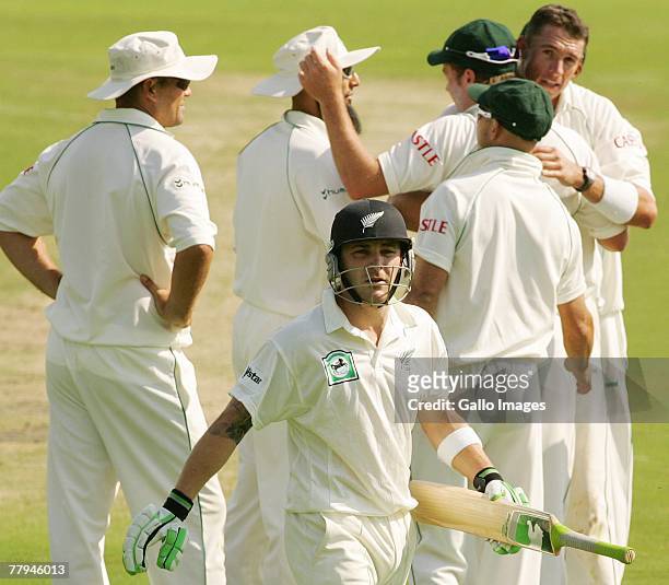 South Africa celebrates the wicket of Brendon McCullum during day one of the 2nd Test match between South Africa and New Zealand from SuperSport Park...