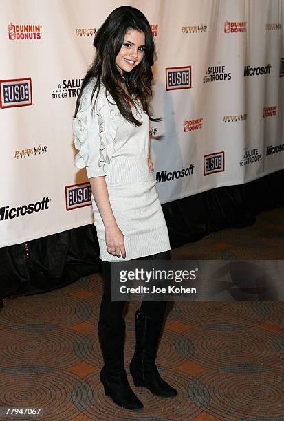 Actress Celena Gomez attends "A Salute To Our troops" ceremony hosted by Microsoft Corporation and the United Service Organizations at The Rainbow...