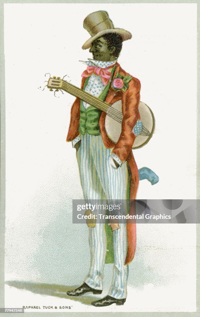 Minstrel Routine Postcard illustration shows a performer in a blackface minstrel show ...