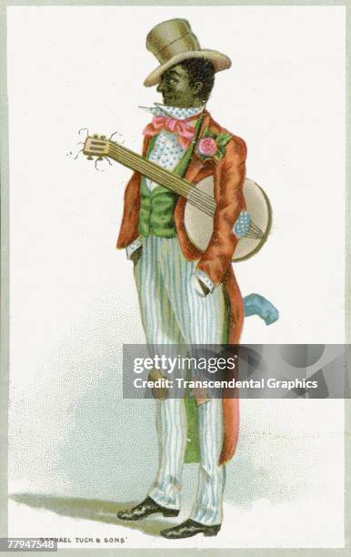 Postcard illustration shows a performer in a blackface minstrel show with a banjo under his arm, 1880s. The image was printed by London-based Raphel...