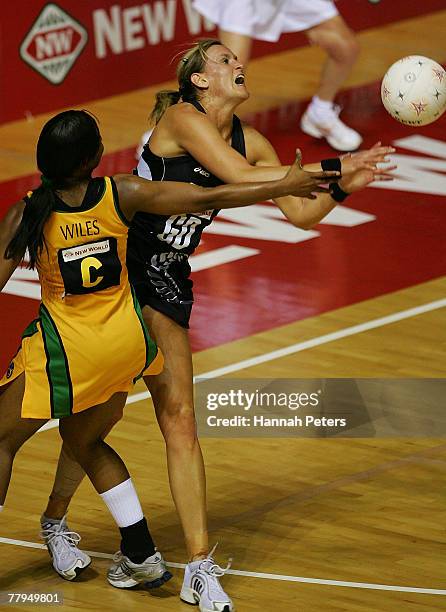 Leana De Bruin rolls her ankle during the 2007 Netball World Championship semi final match between New Zealand and Jamaica at The Trusts Stadium on...