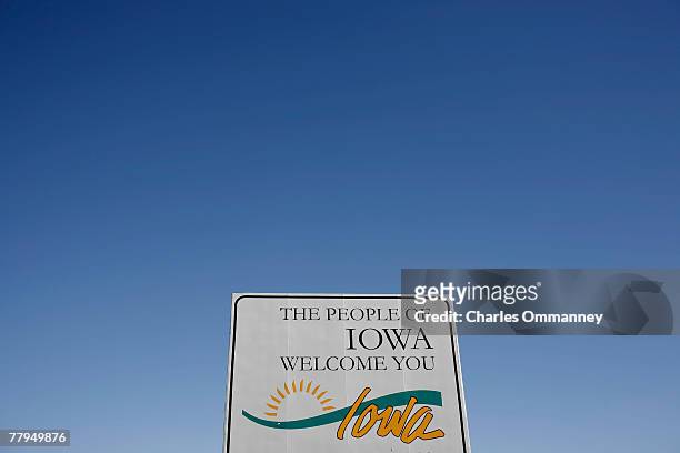 Sign welcoming visitors to Iowa stands on the Nebraska and Iowa border, October 26 Sioux City, Iowa.