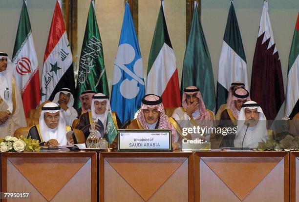 The Saudi delegation , Oil Minister Ali al-Nuami, Foreign Minister Prince Saud al-Faisal and Finance Minister Ibrahim Abdul Aziz al-Assaf, attend an...