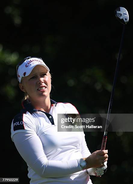 Morgan Pressel watches her tee shot on the 11th hole during the second round of the 2007 ADT Championship at the Trump International Golf Club on...