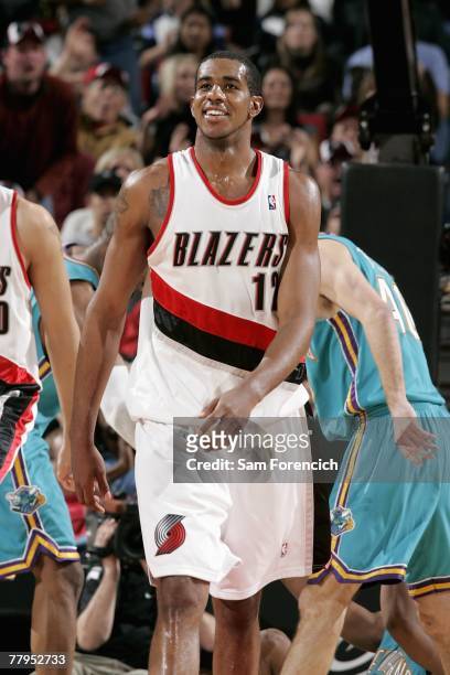 LaMarcus Aldridge of the Portland Trail Blazers smiles during the game against the New Orleans Hornets on November 7, 2007 at the Rose Garden in...