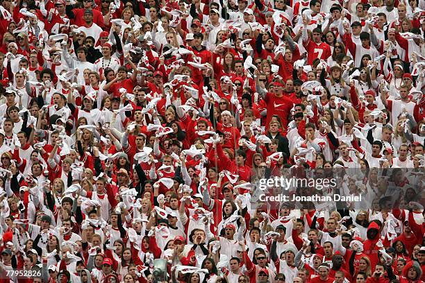 Fans of the Ohio State Buckeyes cheer in the stands during the game against the Wisconsin Badgers on November 3, 2007 at Ohio Stadium in Columbus,...