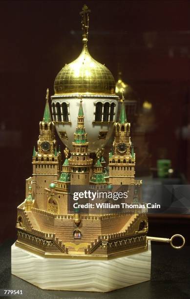 The Moscow Kremlin Imperial Easter Egg, part of the Faberge Collection, sits on display at the First USA Riverfront Arts Center, September 14 in...