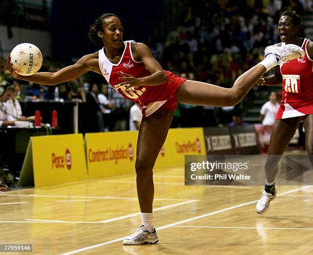 Althea Byfield of England reaches out to keep the ball in play during the 2007 Netball World Championship 3rd v 4th playoff match between England and...