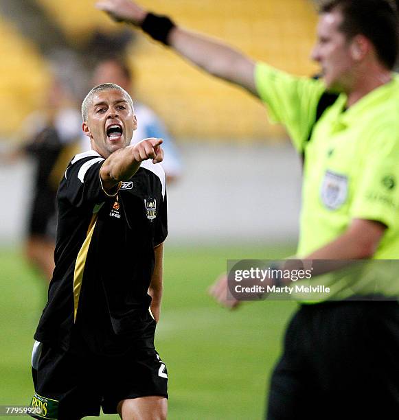 Felipe of the Phoenix takes exception to a call by match referee Peter Green during the round 13 A-League match between the Wellington Phoenix and...