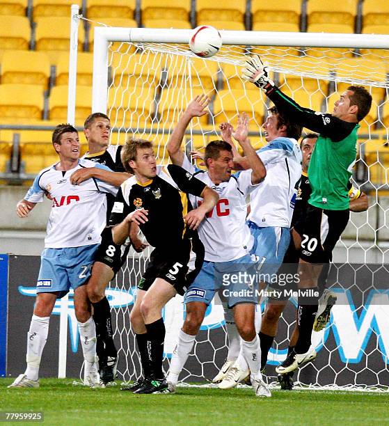 Phoenix goal-keeper Glen Moss stops a goal by Sydney FC during the round 13 A-League match between the Wellington Phoenix and Sydney FC at Westpac...