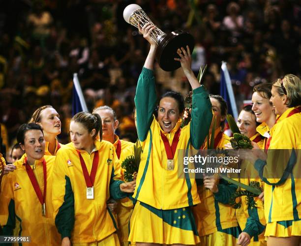 Captain of Australia Liz Ellis, holds the Netball World Cup aloft following the 2007 Netball World Championship Final between New Zealand and...