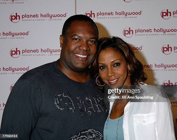 Football player Rodney Peete and actress Holly Robinson Peete arrive at Jon Stewart's performance at Planet Hollywood Resort & Casino's Grand Opening...